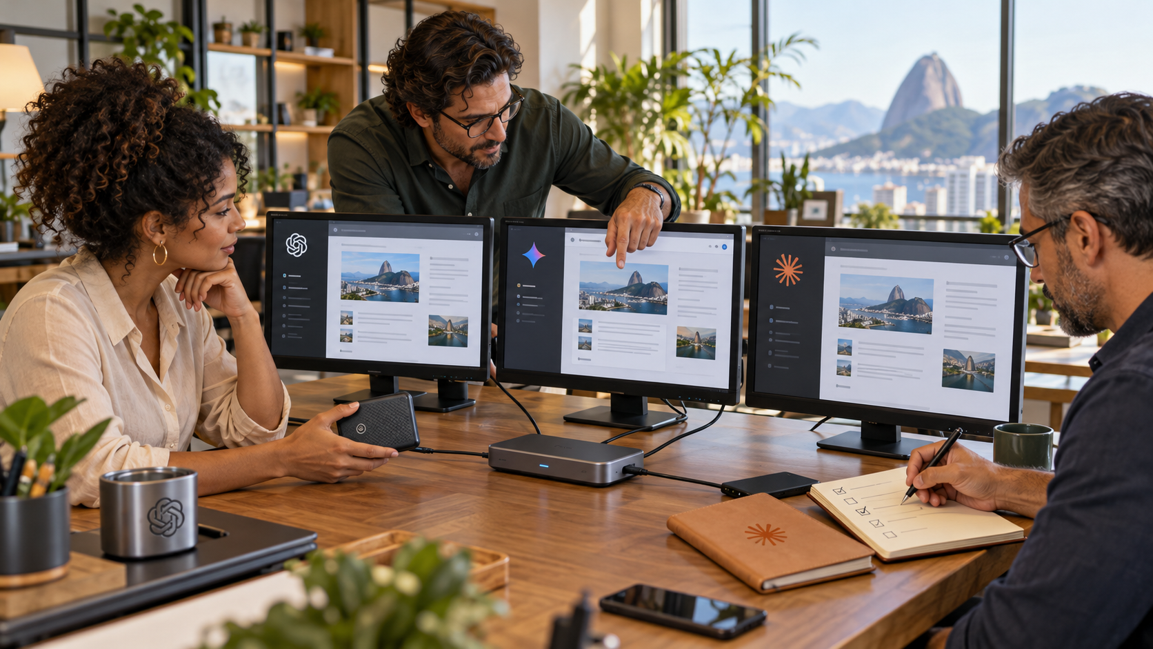 Equipe compara plataformas de inteligência artificial em três monitores, com documentos e dispositivos de armazenamento sobre a mesa.
