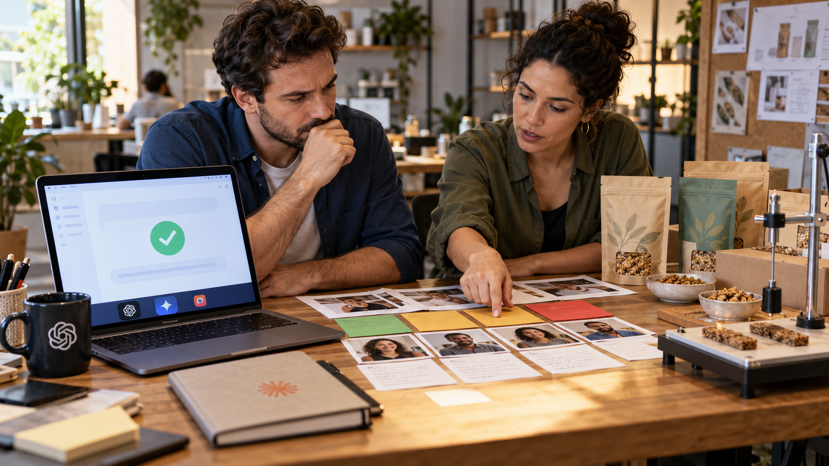 Dois profissionais avaliam informações de clientes e amostras de produtos enquanto um notebook exibe uma resposta positiva de inteligência artificial.