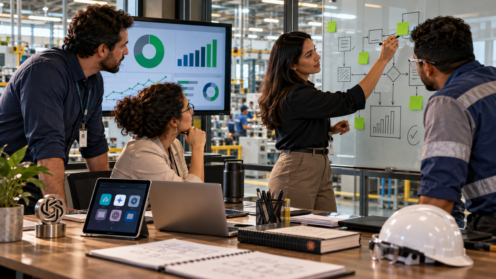 Equipe empresarial analisa um fluxo de processos no quadro e indicadores de desempenho em uma tela, com ferramentas de inteligência artificial sobre a mesa.