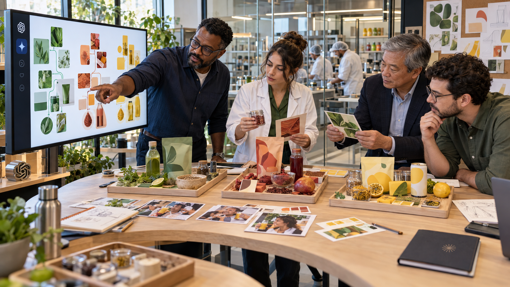 Equipe compara conceitos de bebidas, ingredientes e protótipos de embalagens com ideias organizadas em uma tela com apoio de inteligência artificial.