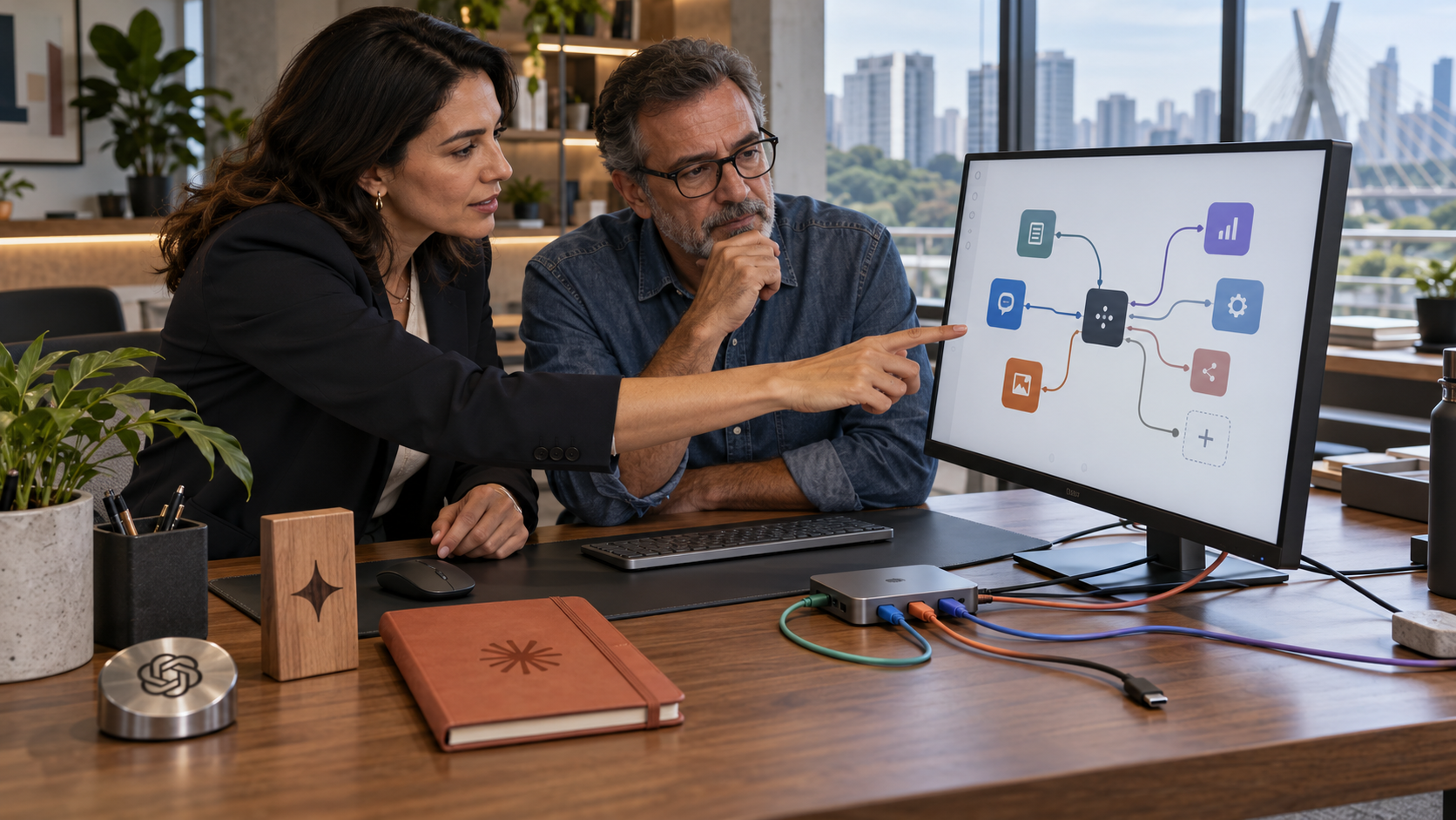 Gestora e empresário avaliam um fluxo modular de inteligência artificial, com referências a diferentes plataformas sobre a mesa.