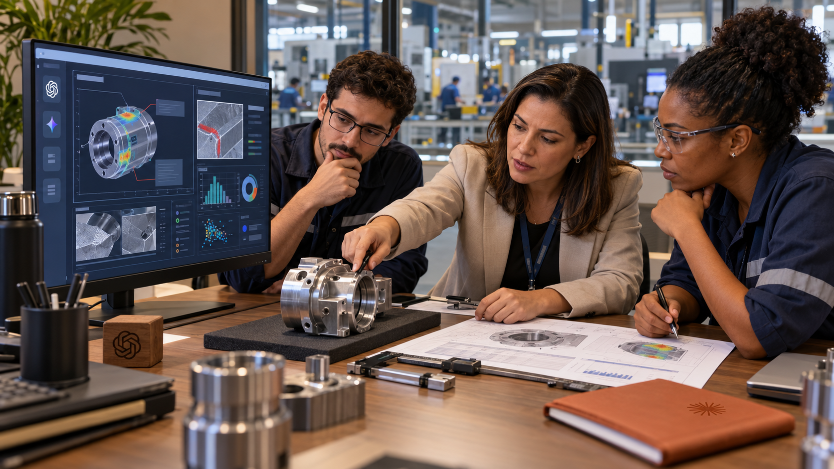 Três profissionais avaliam uma peça industrial e comparam evidências físicas com uma análise de inteligência artificial na tela.